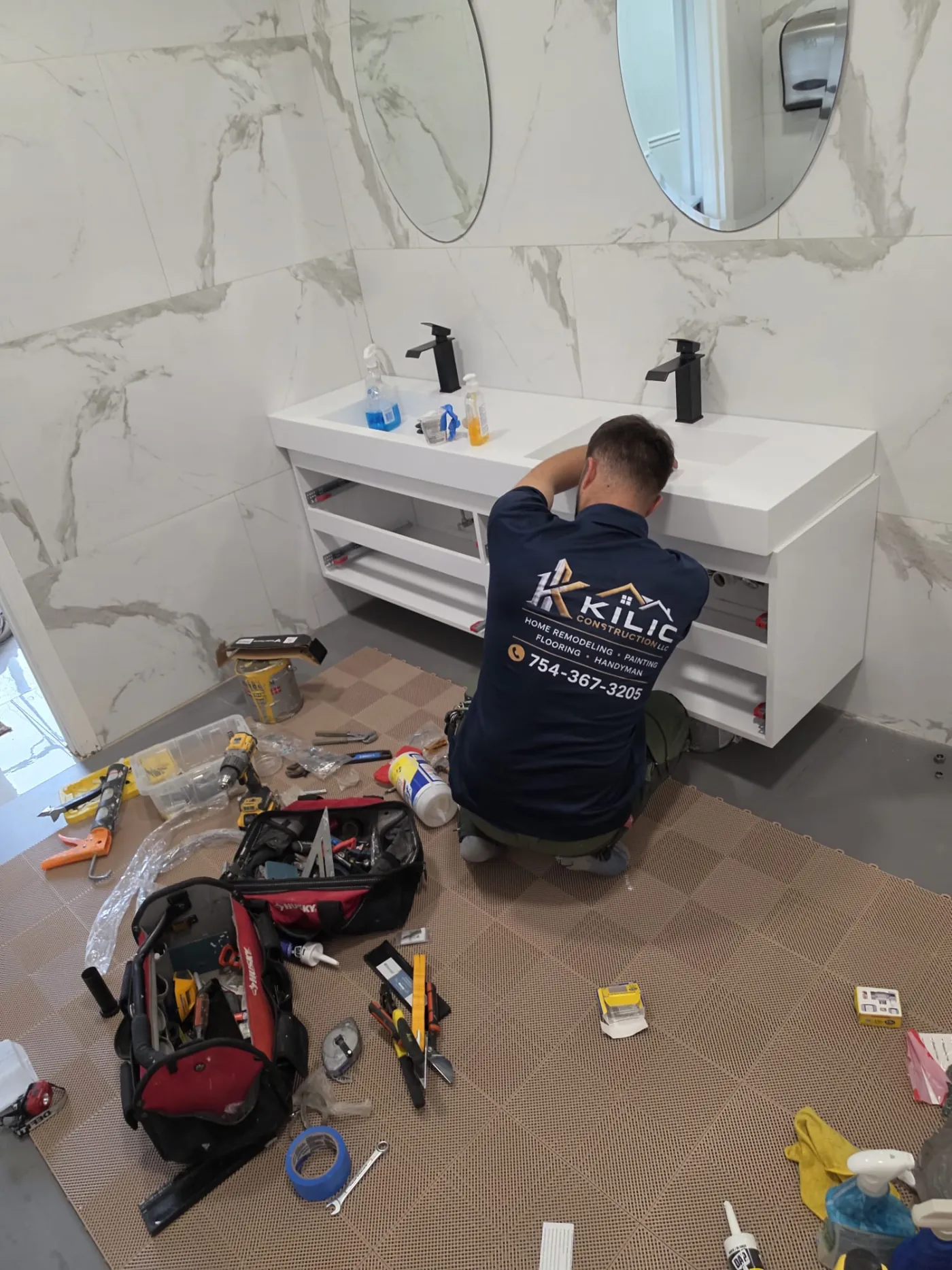 A floating vanity going in on a bathroom remodel