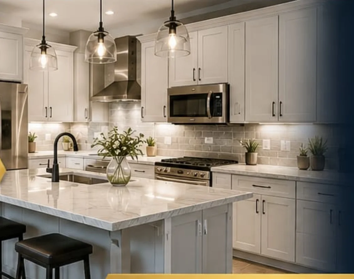 White shaker kitchen, marble island